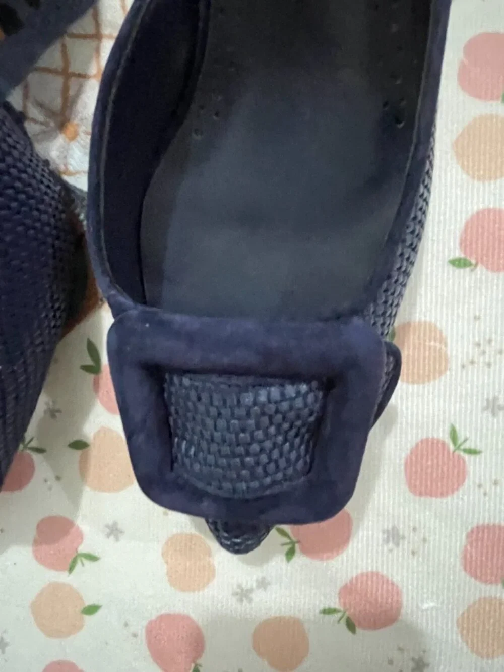 Manolo Blahnik Navy Woven Square-Buckle Mule Heels